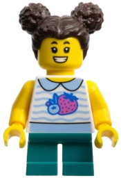 LEGO Child Girl, Fruit Shirt, Dark Turquoise Short Legs, Dark Brown Hair minifigure