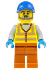 LEGO Recycling Worker - Male, Neon Yellow Safety Vest, Dark Orange Legs, Blue Cap minifigure