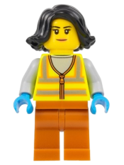 LEGO Recycling Worker - Female, Neon Yellow Safety Vest, Dark Orange Legs, Black Hair minifigure