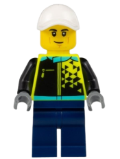 LEGO Sports Car Driver - Male, White Cap, Neon Yellow Jacket, Dark Blue Legs minifigure