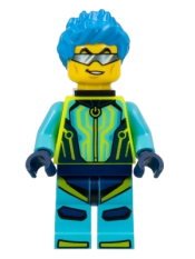 LEGO Stuntz Driver - Male, Medium Azure and Neon Yellow Jumpsuit, Dark Azure Spiked Hair, Black Neck Bracket minifigure