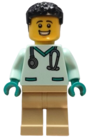 LEGO Veterinarian - Male, Light Aqua Scrubs, Tan Legs, Black Hair minifigure