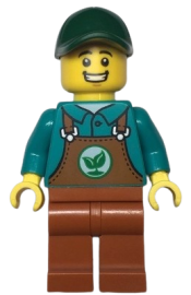 LEGO Gardener - Male, Dark Orange Overalls over Dark Turquoise Shirt, Dark Orange Legs, Dark Green Cap minifigure