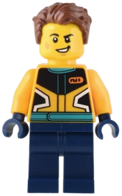 LEGO Custom Car Garage Driver - Male, Bright Light Orange Racing Jacket, Dark Blue Legs, Reddish Brown Hair minifigure