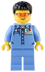 LEGO Custom Car Garage Mechanic - Male, Medium Blue Shirt with Octan Logo, Medium Blue Legs, Short Black Hair minifigure