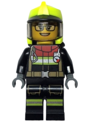 LEGO Fire - Female, Black Jacket and Legs with Reflective Stripes and Red Collar, Neon Yellow Fire Helmet, Trans-Brown Visor, Black Glasses minifigure