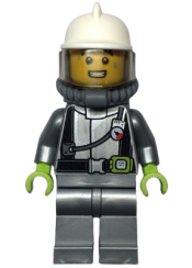 LEGO Fire - Male, Flat Silver Suit, White Fire Helmet, Trans-Brown Visor, Breathing Neck Gear with Blue Air Tanks minifigure