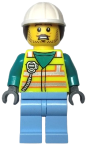 LEGO Utility Worker - Male, Neon Yellow Safety Vest, Bright Light Blue Legs, White Helmet, Dark Brown Ponytail minifigure