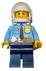 LEGO Police - City Shirt with Dark Blue Tie and Gold Badge, Dark Tan Belt with Radio, Dark Blue Legs, White Helmet, Sideburns minifigure