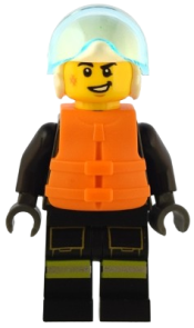 LEGO Fire - Male, Black Jacket and Legs with Reflective Stripes and Red Collar, White Helmet, Trans-Light Blue Visor, Orange Life Jacket minifigure