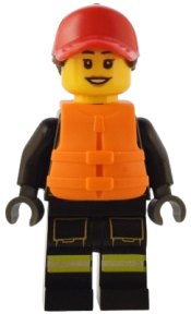 LEGO Fire - Female, Reflective Stripes with Utility Belt and Flashlight, Red Cap with Reddish Brown Ponytail, Orange Life Jacket minifigure