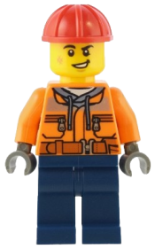 LEGO Construction Worker - Male, Orange Safety Jacket, Reflective Stripe, Sand Blue Hoodie, Dark Blue Legs, Red Construction Helmet minifigure