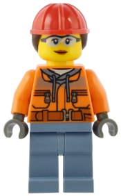 LEGO Construction Worker - Female, Orange Safety Jacket, Reflective Stripe, Sand Blue Hoodie, Sand Blue Legs, Red Construction Helmet with Dark Brown Hair minifigure