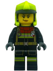 LEGO Fire - Female, Black Jacket and Legs with Reflective Stripes and Red Collar, Neon Yellow Fire Helmet, Right Raised Eyebrow, Medium Nougat Lips, Smirk minifigure
