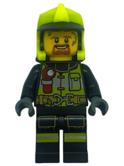 LEGO Fire - Reflective Stripes with Utility Belt and Flashlight, Neon Yellow Fire Helmet, Dark Orange Moustache and Goatee, Soot Marks minifigure