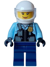 LEGO Police - City Motorcyclist Female, Safety Vest with Police Badge, Dark Blue Legs, White Helmet, Trans-Clear Visor minifigure