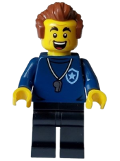LEGO Police - City Trainer Academy Male, Dark Blue Shirt, Silver Whistle, Black Legs, Reddish Brown Hair, Open Mouth minifigure