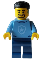 LEGO Police - City Officer in Training Male, Medium Blue Shirt with Badge, Dark Blue Legs, Black Hair, Beard, Hearing Aid minifigure