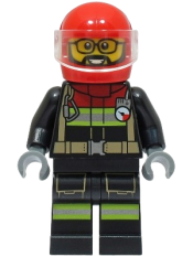 LEGO Fire - Male, Black Jacket and Legs with Reflective Stripes and Red Collar, Red Helmet, Trans-Clear Visor minifigure
