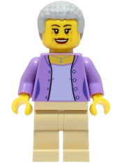 LEGO Woman - Medium Lavender Jacket over Lavender Shirt, Tan Legs, Light Bluish Gray Hair minifigure