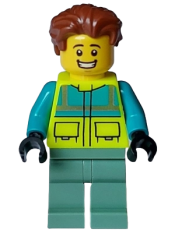 LEGO Paramedic - Male, Dark Turquoise and Neon Yellow Safety Vest, Sand Green Legs, Reddish Brown Hair, Open Mouth Smile minifigure