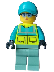 LEGO Paramedic - Female, Dark Turquoise and Neon Yellow Safety Vest, Sand Green Legs, Dark Turquoise Ball Cap with Black Ponytail, Glasses minifigure