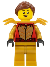 LEGO Stuntz Driver - Female, Red Racing Jacket with Gold Scales, Pearl Gold Legs, Pearl Gold Shoulder Armor, Reddish Brown Ponytail minifigure