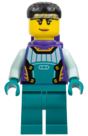 LEGO Stuntz Driver - Female, Dark Purple and Dark Turquoise Race Suit with Light Aqua Arms, Dark Purple Air Tanks, Black Short Hair minifigure