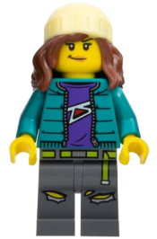 LEGO Fearless Fi - Stuntz Announcer, Dark Turquoise Jacket over Dark Purple Shirt, Dark Bluish Gray Legs, Reddish Brown Hair with Bright Light Yellow Knit Ski Cap minifigure