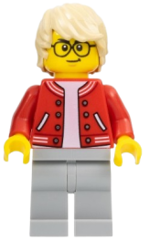 LEGO Stuntz Photographer - Male, Red Jacket over White Shirt, Light Bluish Gray Legs, Tan Hair, Glasses minifigure