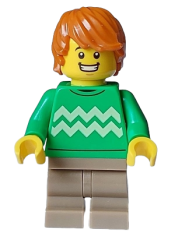 LEGO Boy - Bright Green Sweater, Dark Tan Medium Legs, Open Mouth Smile, Dark Orange Hair minifigure