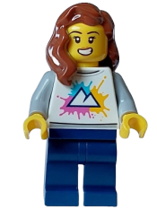 LEGO Female - White Shirt with Mountains, Dark Blue Legs, Open Mouth, Reddish Brown Hair minifigure