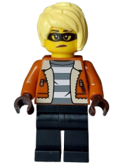 LEGO Police - City Bandit Crook Female, Dark Orange Jacket, Black Legs, Bright Light Yellow Hair minifigure