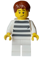LEGO Police - City Bandit Crook Male, White Shirt with Dark Bluish Gray Prison Stripes, White Legs, Reddish Brown Hair minifigure