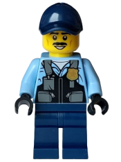 LEGO Police - City Officer Male, Safety Vest with Police Badge, Dark Blue Legs, Dark Blue Cap, Black Moustache minifigure