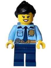 LEGO Police - City Officer Female, Shirt with Dark Blue Tie and Gold Badge, Dark Tan Belt with Radio, Dark Blue Legs, Black Ponytail minifigure