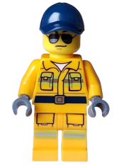 LEGO Stuntz Crew - Male, Bright Light Orange Suit with Reflective Stripes, Dark Blue Cap, Sunglasses minifigure
