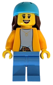 LEGO Scooter Rider - Female, Bright Light Orange Jacket, Medium Blue Legs, Medium Azure Helmet, Reddish Brown Long Hair minifigure