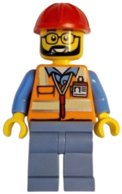 LEGO Construction Worker - Male, Orange Safety Vest with Reflective Stripes, Sand Blue Legs, Red Construction Helmet minifigure