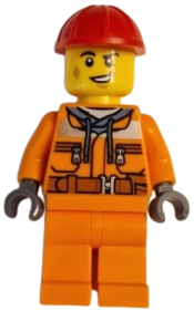 LEGO Construction Worker - Male, Orange Safety Jacket, Reflective Stripe, Sand Blue Hoodie, Orange Legs, Red Construction Helmet minifigure