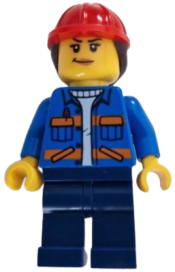 LEGO Construction Worker - Female, Blue Open Jacket with Pockets and Orange Stripes, Dark Blue Legs, Red Construction Helmet with Dark Brown Hair minifigure