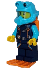 LEGO Arctic Explorer Diver - Male, Dark Blue Diving Suit, Orange Air Tanks and Flippers, Medium Azure Helmet minifigure