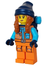 LEGO Arctic Explorer - Female, Orange Jacket, Dark Orange Braids with Dark Blue Beanie, Freckles, Backpack minifigure