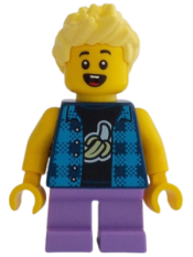 LEGO Ice-Cream Shop Customer - Child Boy, Flannel Vest over Dark Blue Banana Shirt, Medium Lavender Short Legs, Bright Light Yellow Hair minifigure