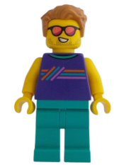 LEGO Ice-Cream Shop Customer - Male, Dark Purple Sleeveless Shirt with Stripes, Dark Turquoise Legs, Medium Nougat Hair, Sunglasses minifigure