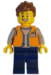 LEGO Convenience Store Worker - Male, Orange Open Vest, Dark Blue Legs, Reddish Brown Hair minifigure