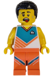 LEGO Fitness Instructor - Male, White Shirt with Dark Turquoise Panel, Coral Legs, Black Hair minifigure