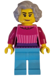 LEGO Apartment Building Resident - Female, Dark Pink Sweater, Medium Azure Legs, Light Bluish Gray Wavy Hair minifigure