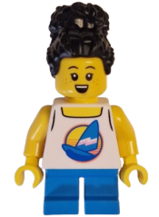 LEGO Apartment Building Resident - Child Girl, White Tank Top with Sailboat, Dark Azure Short Legs, Black Coiled Hair with Bun, Freckles minifigure