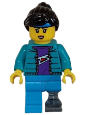 LEGO Skateboarder - Female, Dark Turquoise Jacket over Dark Purple Shirt, Prosthetic Leg minifigure
